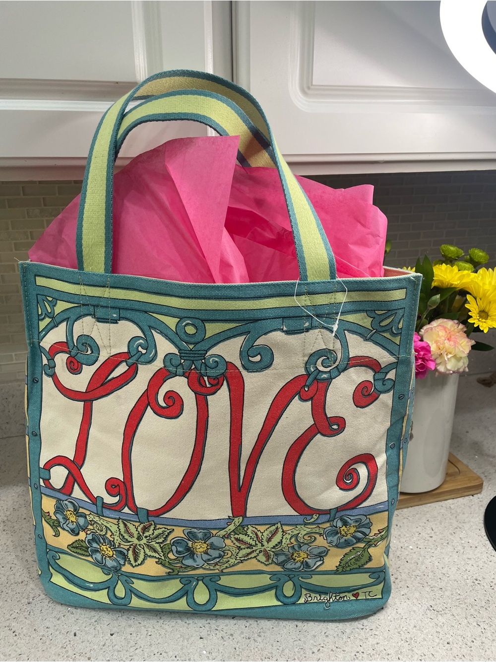 Brighton Multicolor Canvas 'LOVE' Tote with Floral Trim.. happy tote!